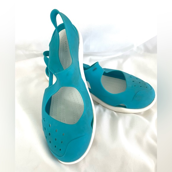 Crocs Swiftwater Wave Slip Ons Women's Sz 6 Teal/White Slingback Worn 2x - Picture 3 of 11